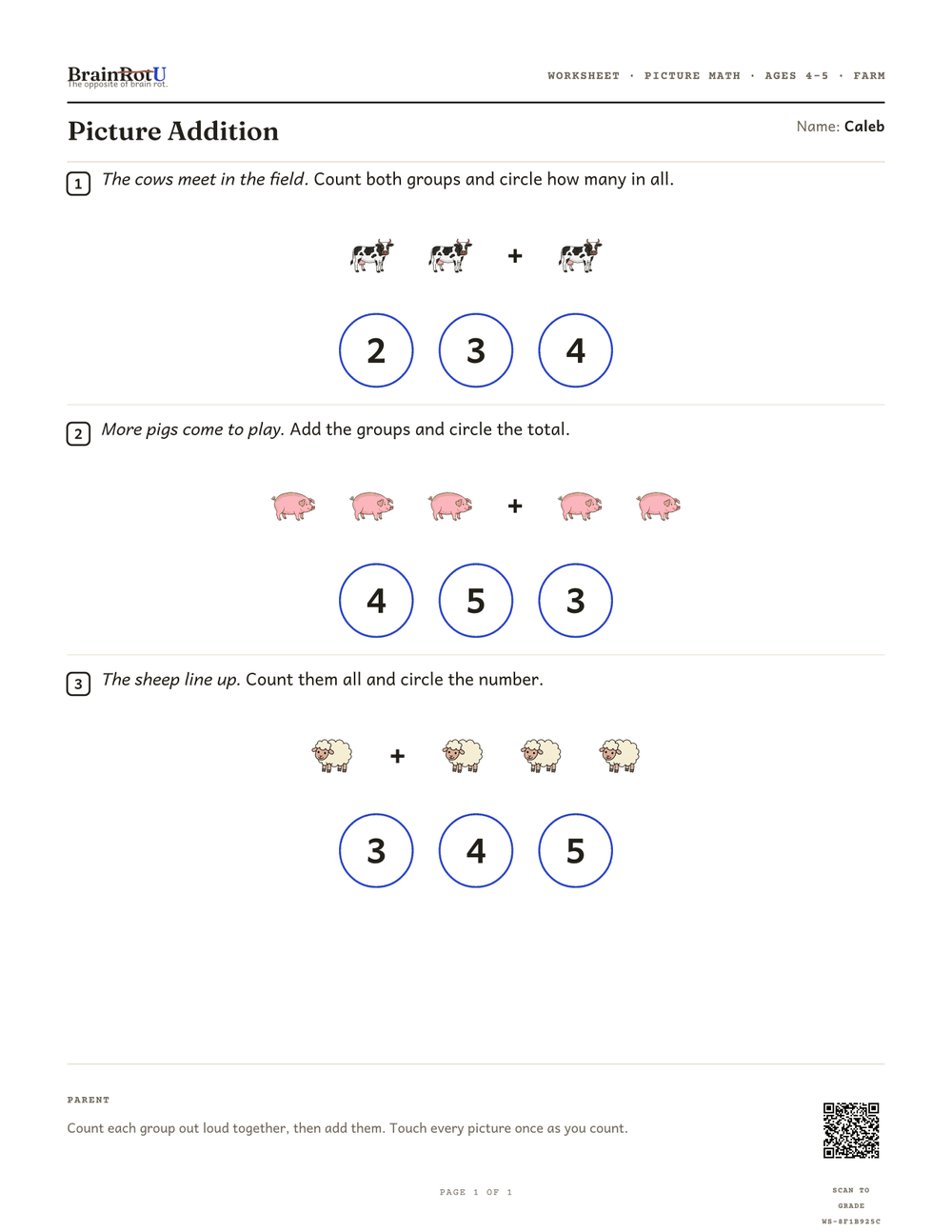 Real worksheet: Picture Addition, farm theme